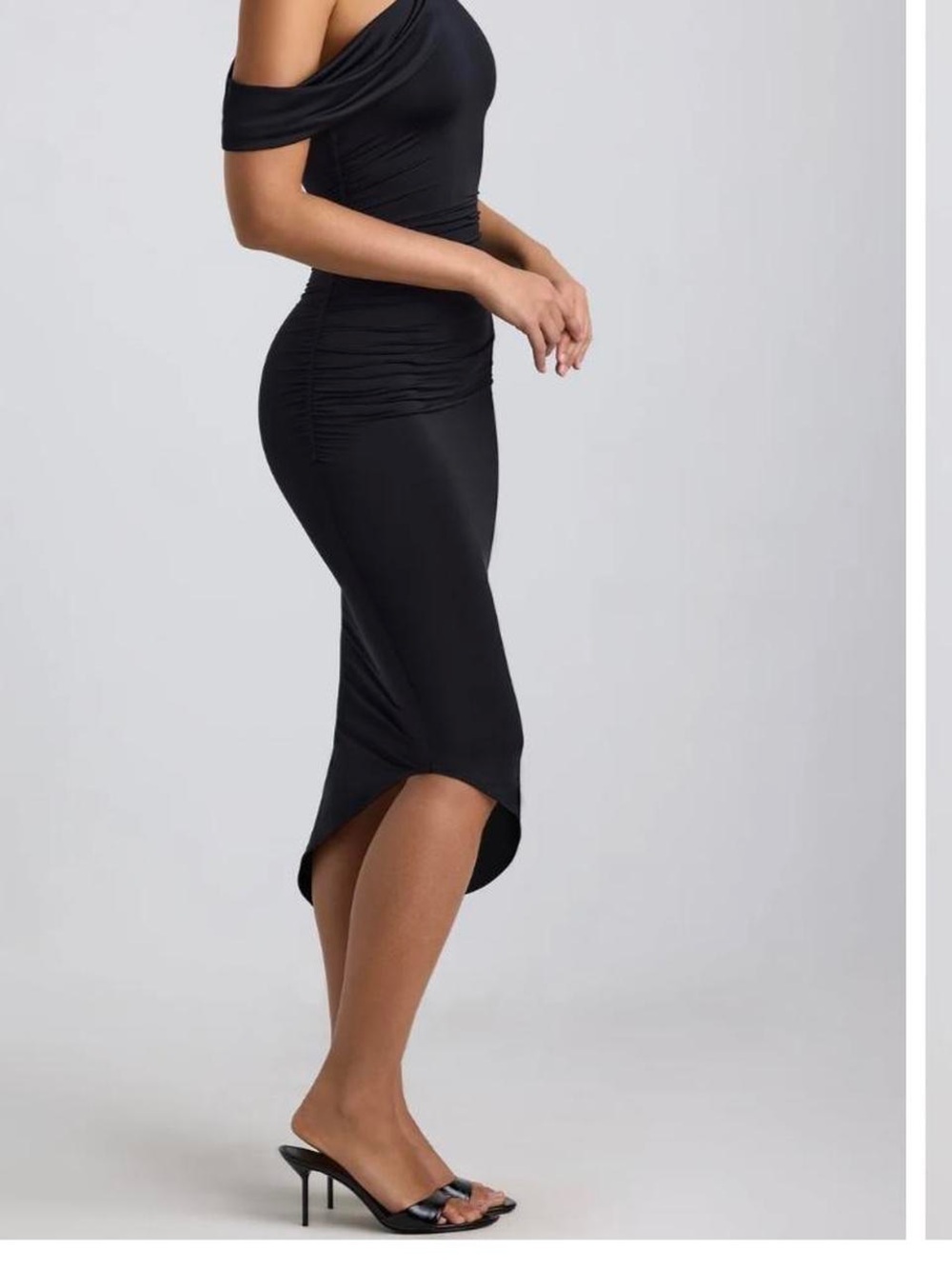 Oh Polly Black One Shoulder Asymmetrical Ruched Midi Dress - Picture 2 of 4